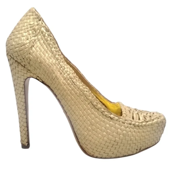 PRADA | Raffia Platform Pumps Beige Gold Heels Size 38 Italy - Picture 2 of 9